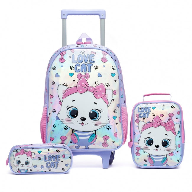 Kit Mochila com Rodinha Escolar Infantil Gatinha Fofa - Volta as Aulas MDM09